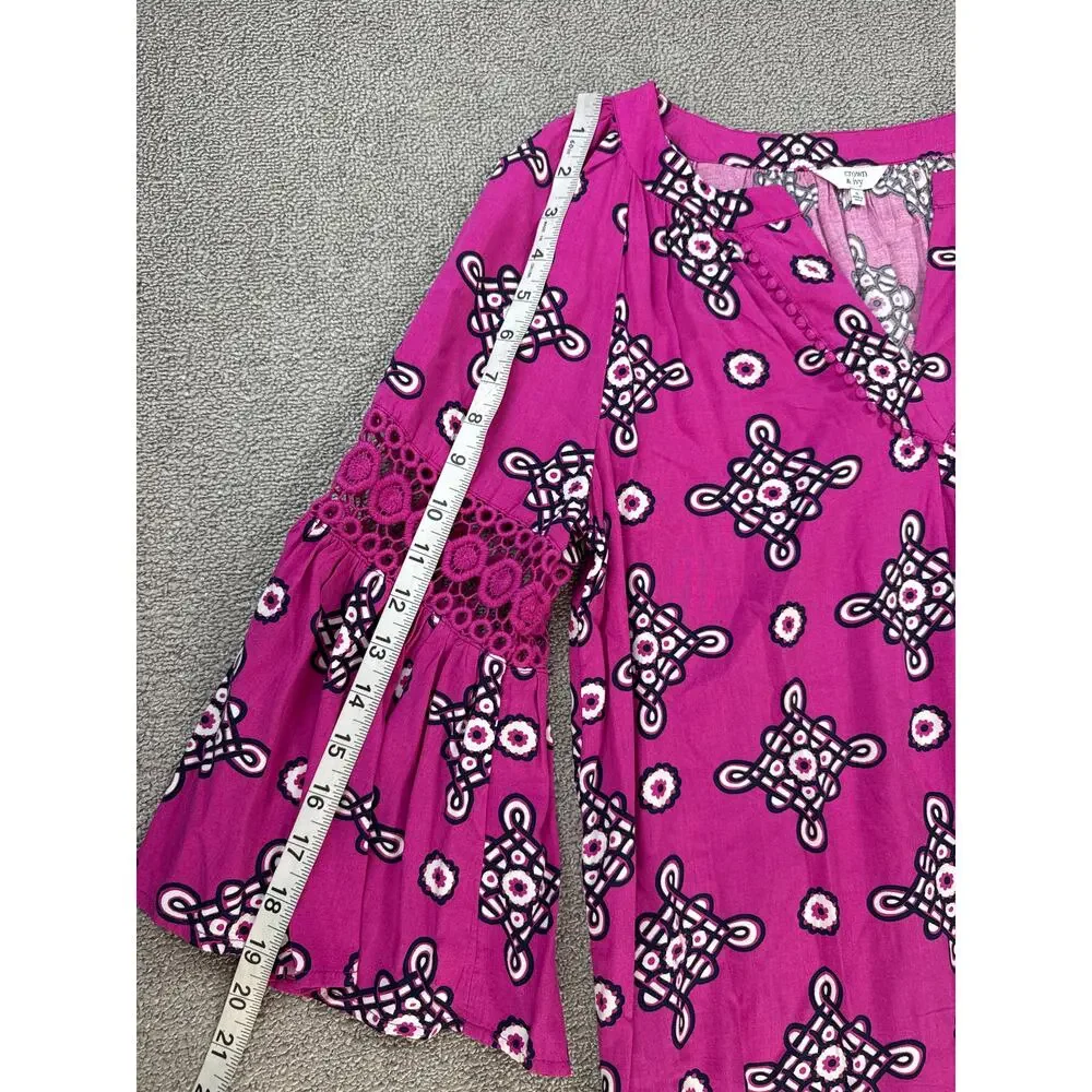 Crown & Ivy Dress Bell‎ Sleeve Crochet Magenta Navy Geometric Print Size Small